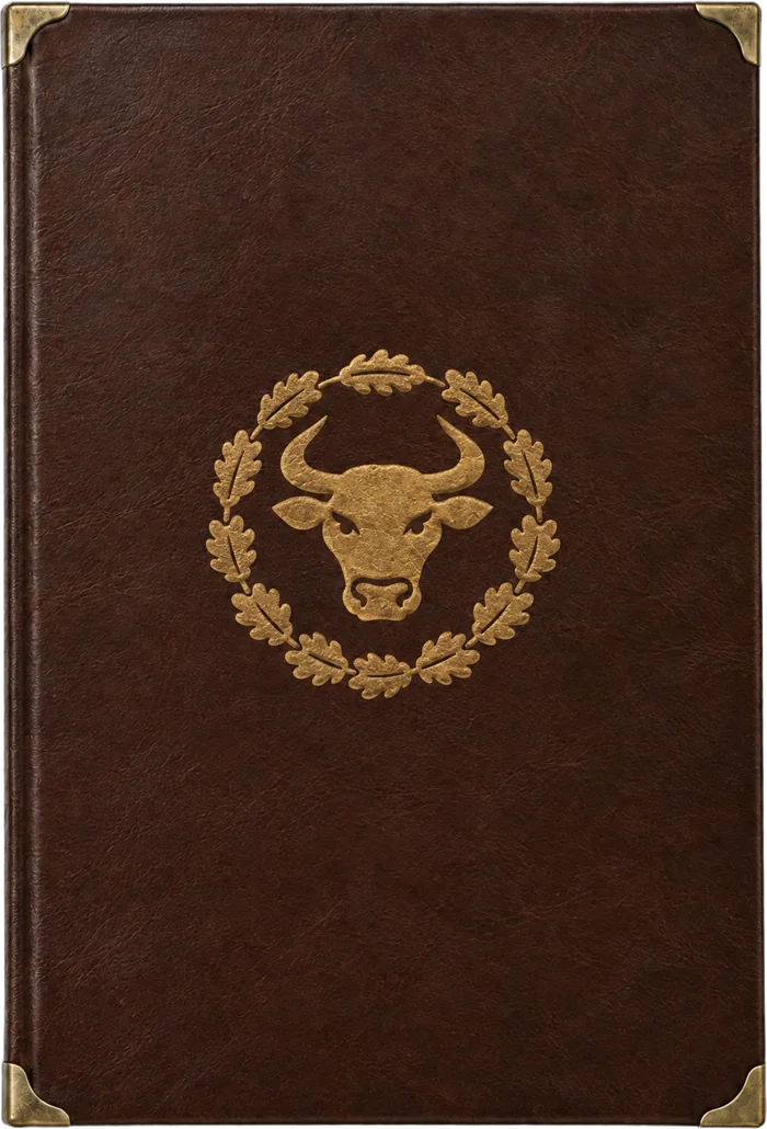 A closed menu bound in dark brown leather with brass corners and the Steak Garden bull stamped in gold