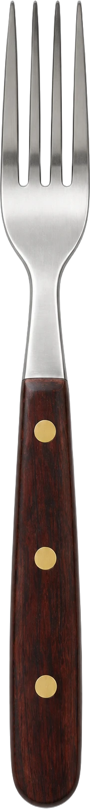 A steak fork with a dark rosewood handle and brass rivets