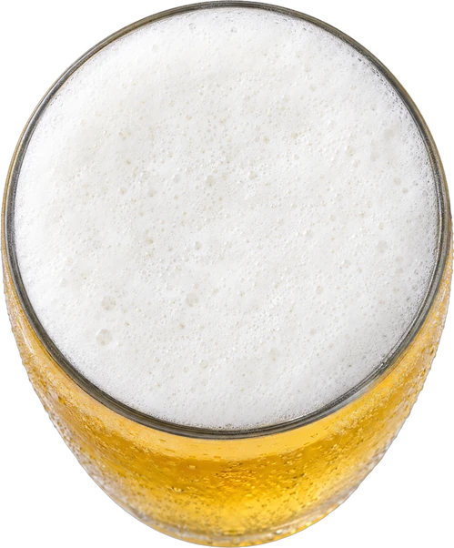 A frosty glass of craft lager with a thick white head, seen from above