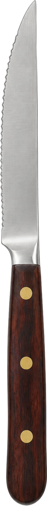 A serrated steak knife with a dark rosewood handle and brass rivets