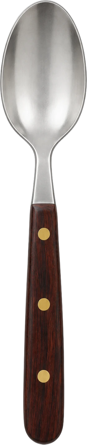 A spoon with a dark rosewood handle and brass rivets